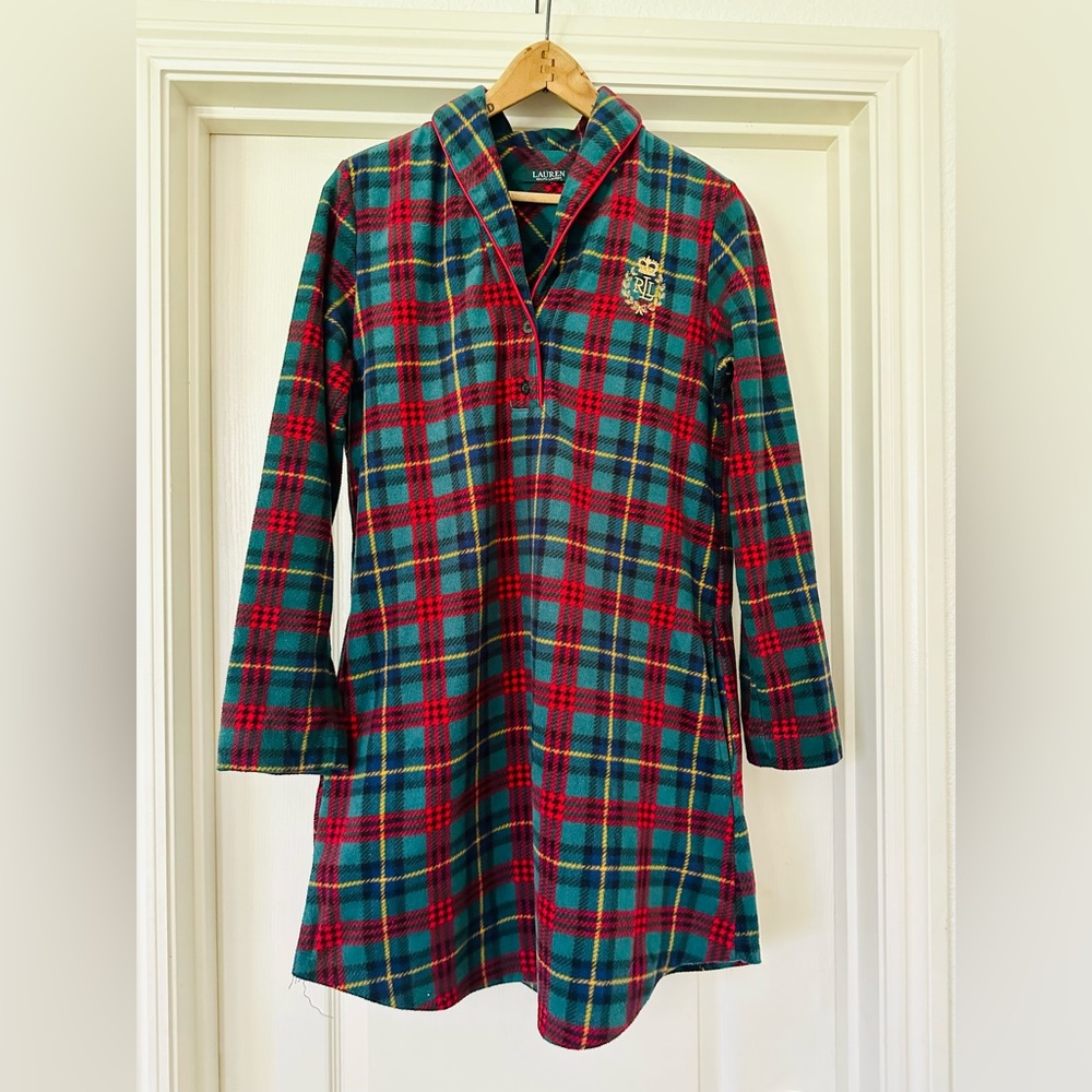 LAUREN RALPH LAUREN GREEN Label Plaid Fleece Monogrammed Nightgown Sleep Shirt S